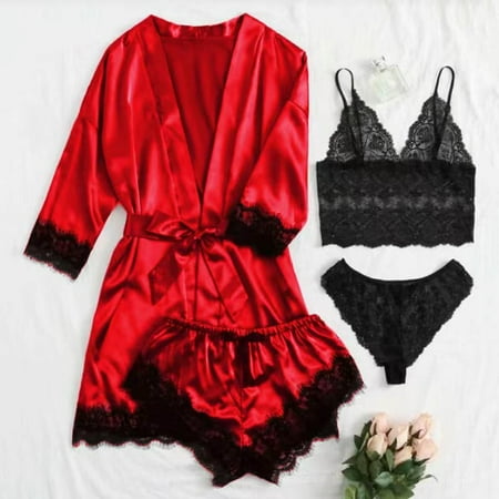 Sentmoon Lingerie for Women Women Lace Satin Wireless Bra Camisole Shorts Pajamas Robe Four Piece Set Valentines Lingerie Valentines Day Gifts for Her Deals of the Day Clearance
