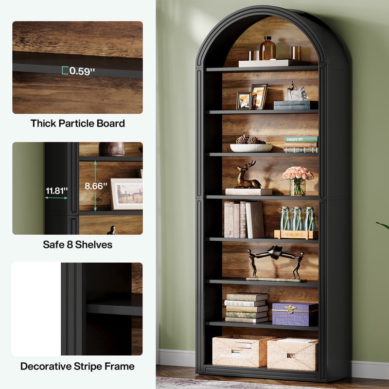 Tribesigns 8-Tier Arched Bookshelf, 78.7" Modern White Arched Bookcase with Storage Shelves for Living Room, Bedroom (Black)