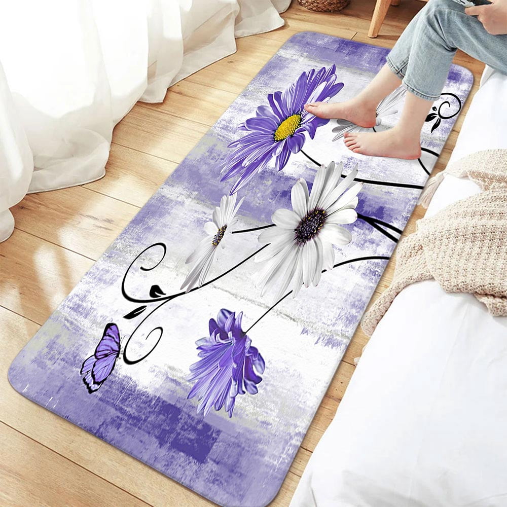Farmhouse Floral Flowers Bathroom Rugs, Farm Rustic Farmhouse and Butterfly on Country Wooden Bathroom Rugs Set, Purple Daisy Floral Bathroom Rug Mat 17X48inch, Extra Soft and Absorbent Bath Rugs