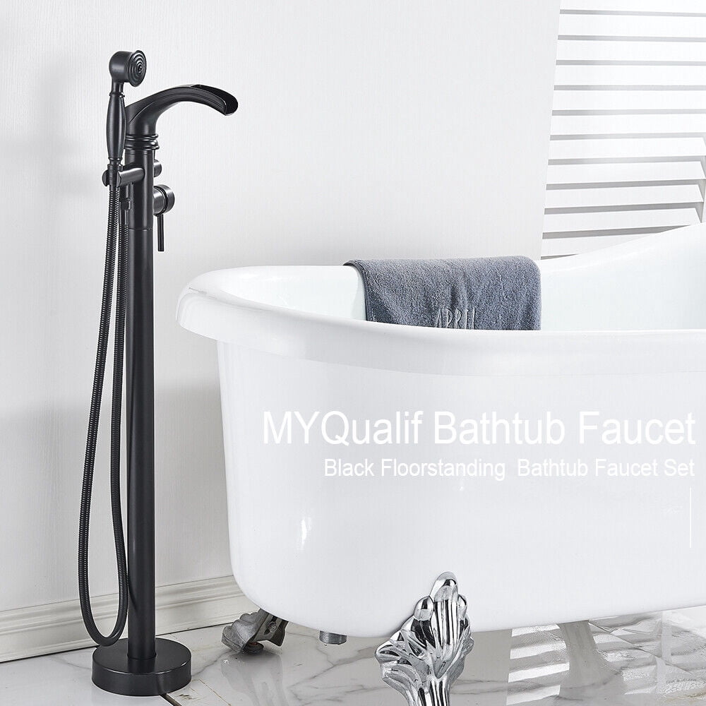 Black Floor Mount Freestanding Bathtub Shower Faucet Waterfall Tub Filler Mixer Mixer