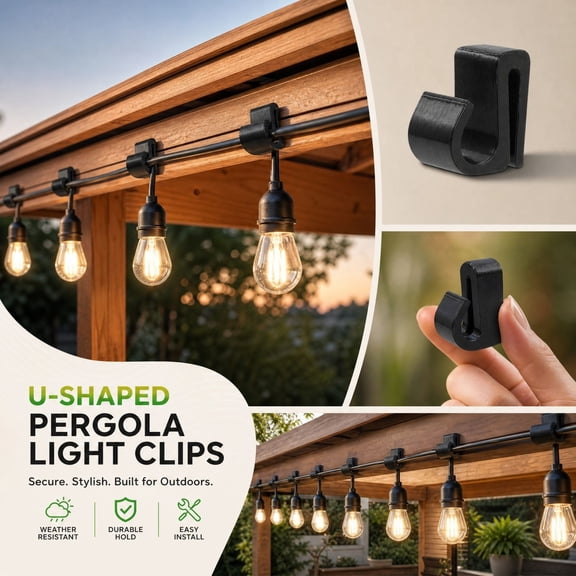 String Light Clips, Outdoor Cable Holders, Low Profile Black Hooks with a Flexible U Shaped Channel, Compact Cable Guides for Patio Pergola and Holiday Lighting for Garden Structures