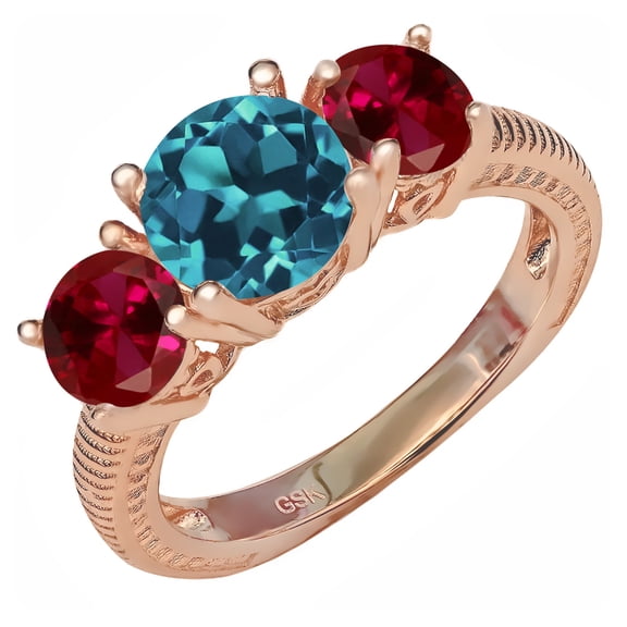 Gem Stone King 3.70 Ct London Blue Topaz Red Created Ruby 18K Rose Gold Plated Silver Ring (Size 5)