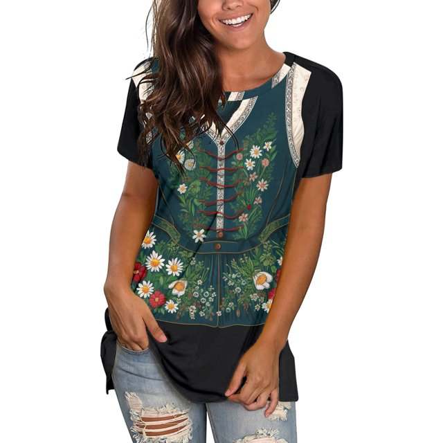 Bmisegm Chemises Confortables pour Women Chemises Imprimées Décontractées Col Rond Manches Courtes T-Shirt Tunique Blouse Robe Gothique pour Women Vert m