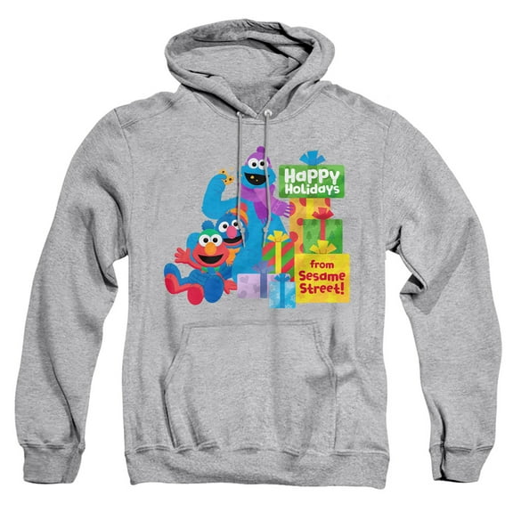 Sesame Street Happy Holidays Gifts With Elmo, Grover, Cookie Adult Pull-Over Hoodie, Athletic Heather, Medium