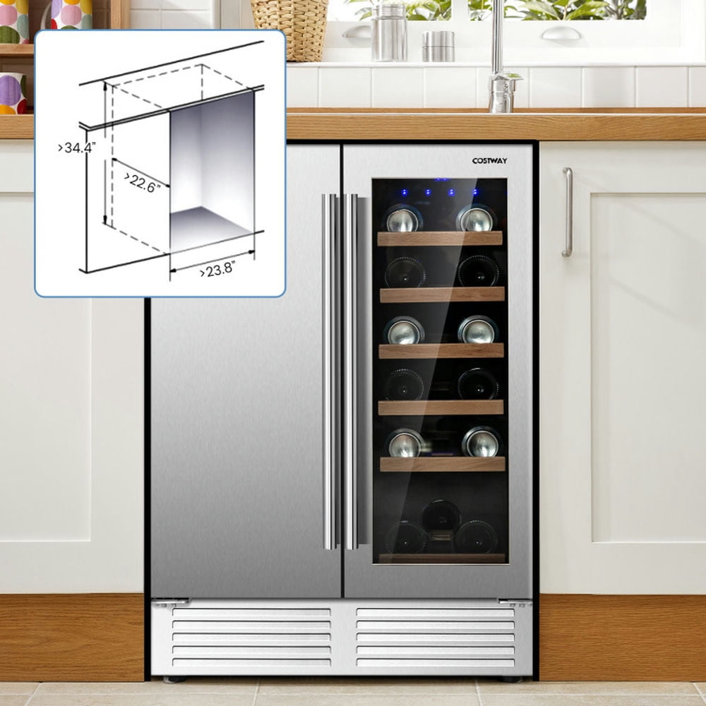 YYAo 2-in-1 Beverage and Wine Cooler with Independent Temperature Control and LED Lights-Silver