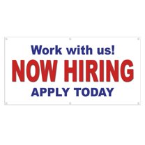 Now Hiring Work with us! Apply Today 13 oz Heavy Duty Vinyl Banner Indoor/Outdoor Help Wanted Sign for Business Storefront Advertising Single-Sided with Metal Grommets (5x1.5 Ft, White & Red)