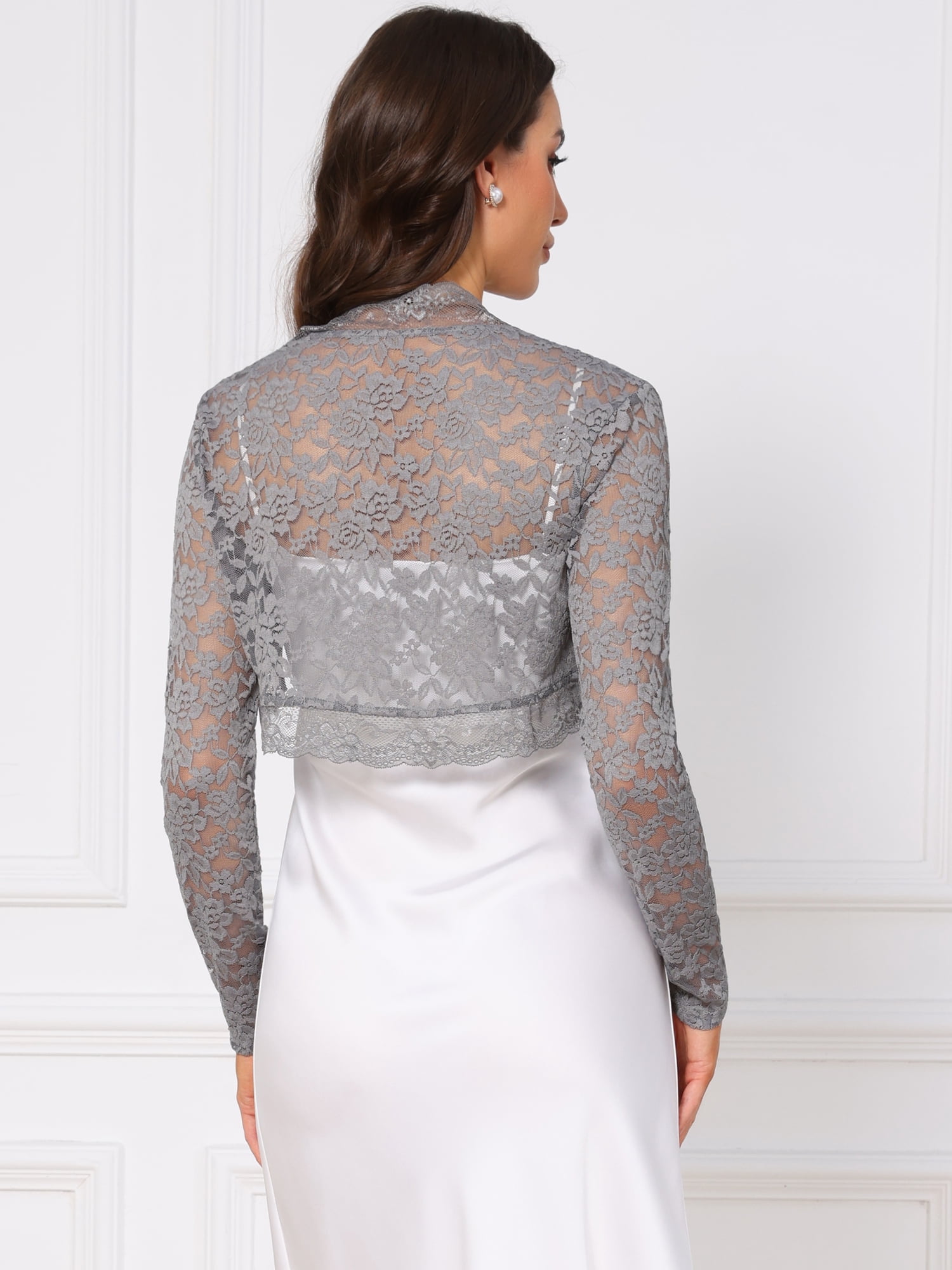 DARING DIVA Women's Floral Bolero Shrug Long Sleeve Sheer Cropped Lace Cardigan XL Gray