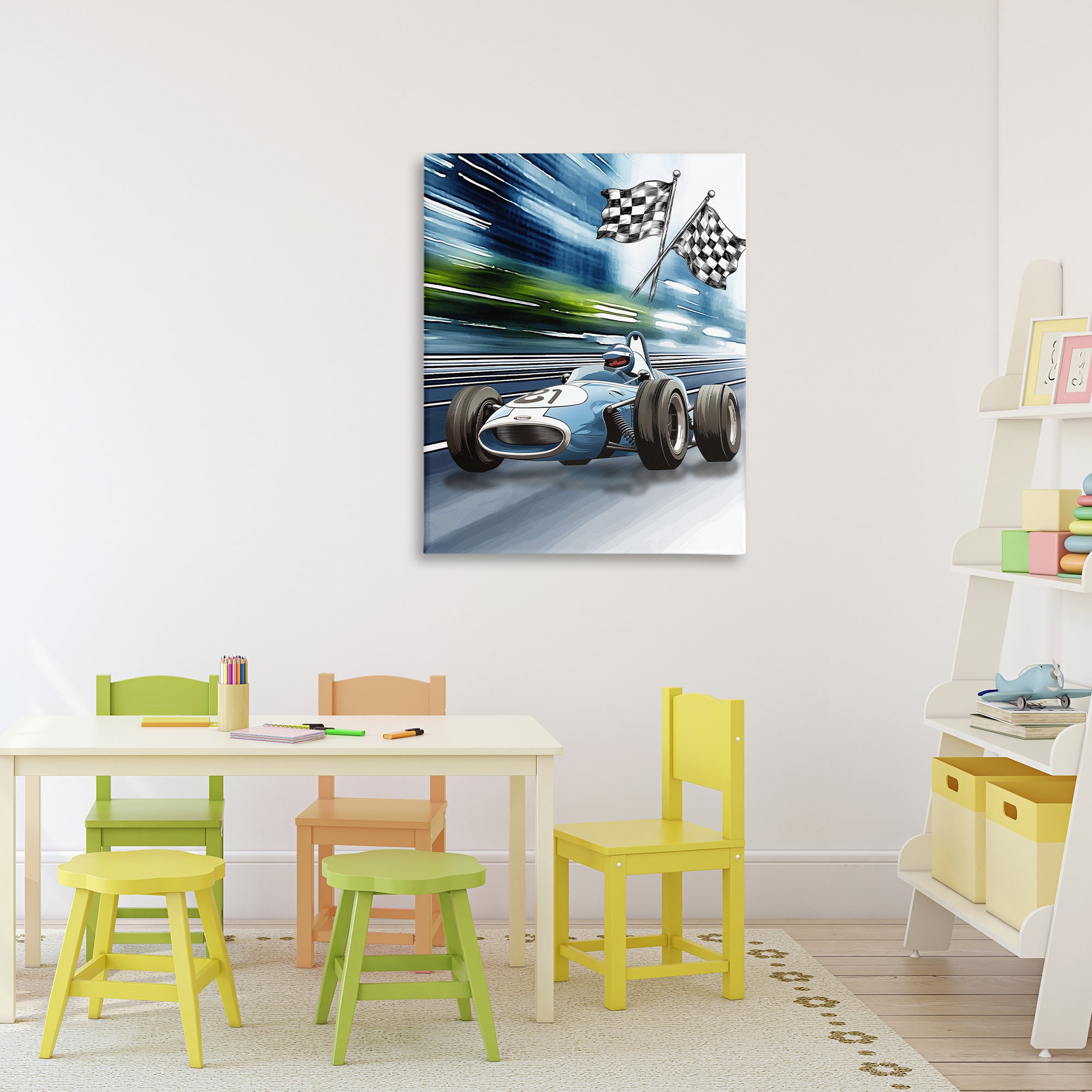 Stupell Industries Speedy Racecar with Flags Canvas Wall Art, design by Christine Simpson Art