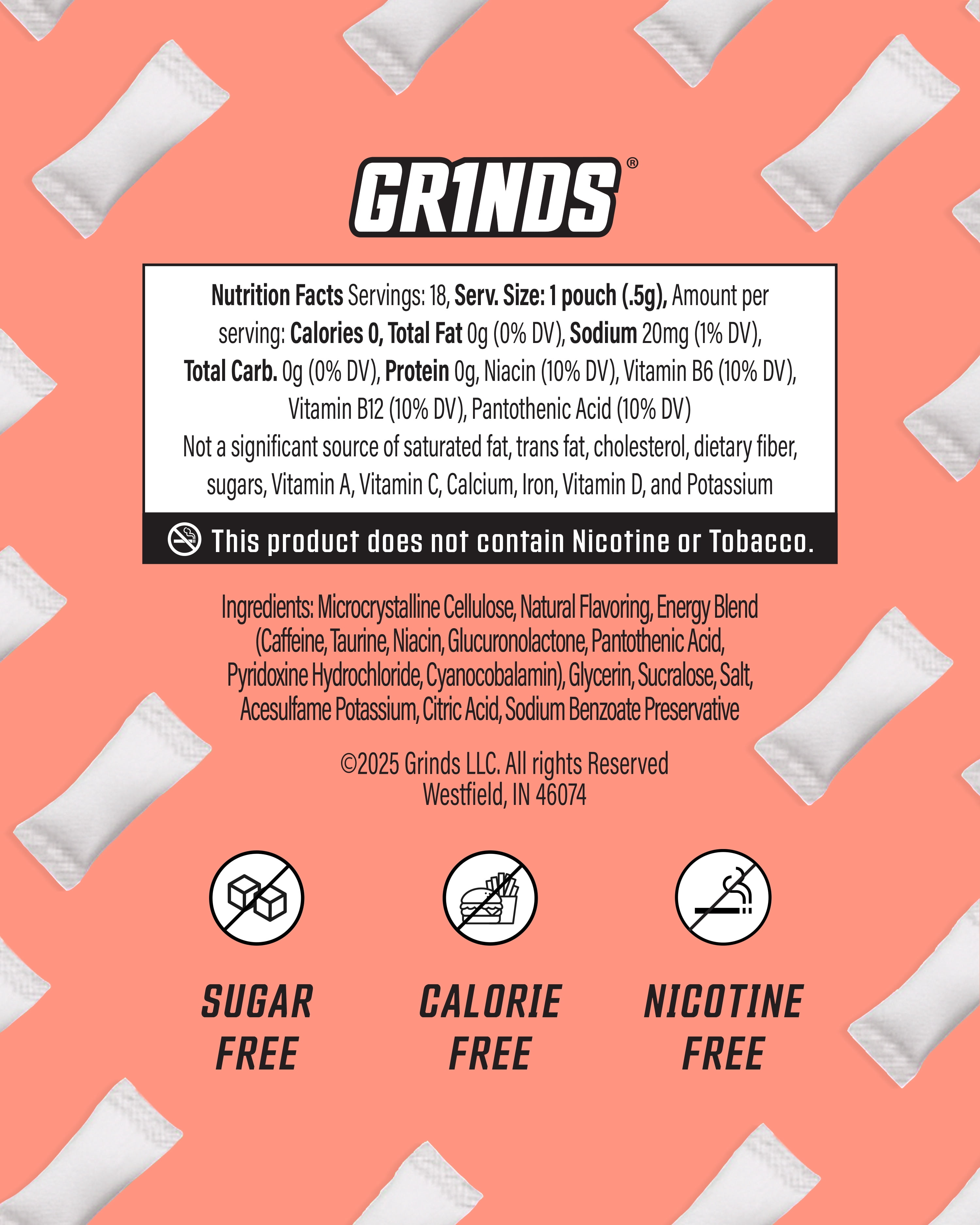 Grinds Energy Pouches, Nicotine-Free, 80mg Caffeine, White Peach, 18 Pouches (1 Can)
