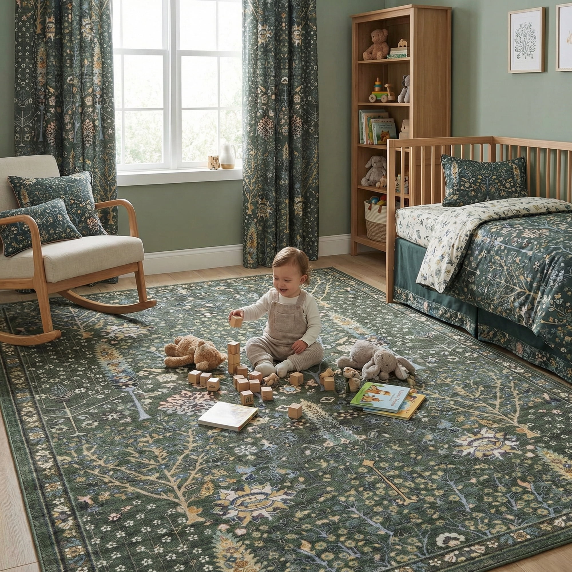 Washable Oriental Rug, 8x10 Sage Green Boho Botanical Floral Vintage Carpet, Soft Large Indoor Rug for Living Room, Bedroom, Office, Playroom
