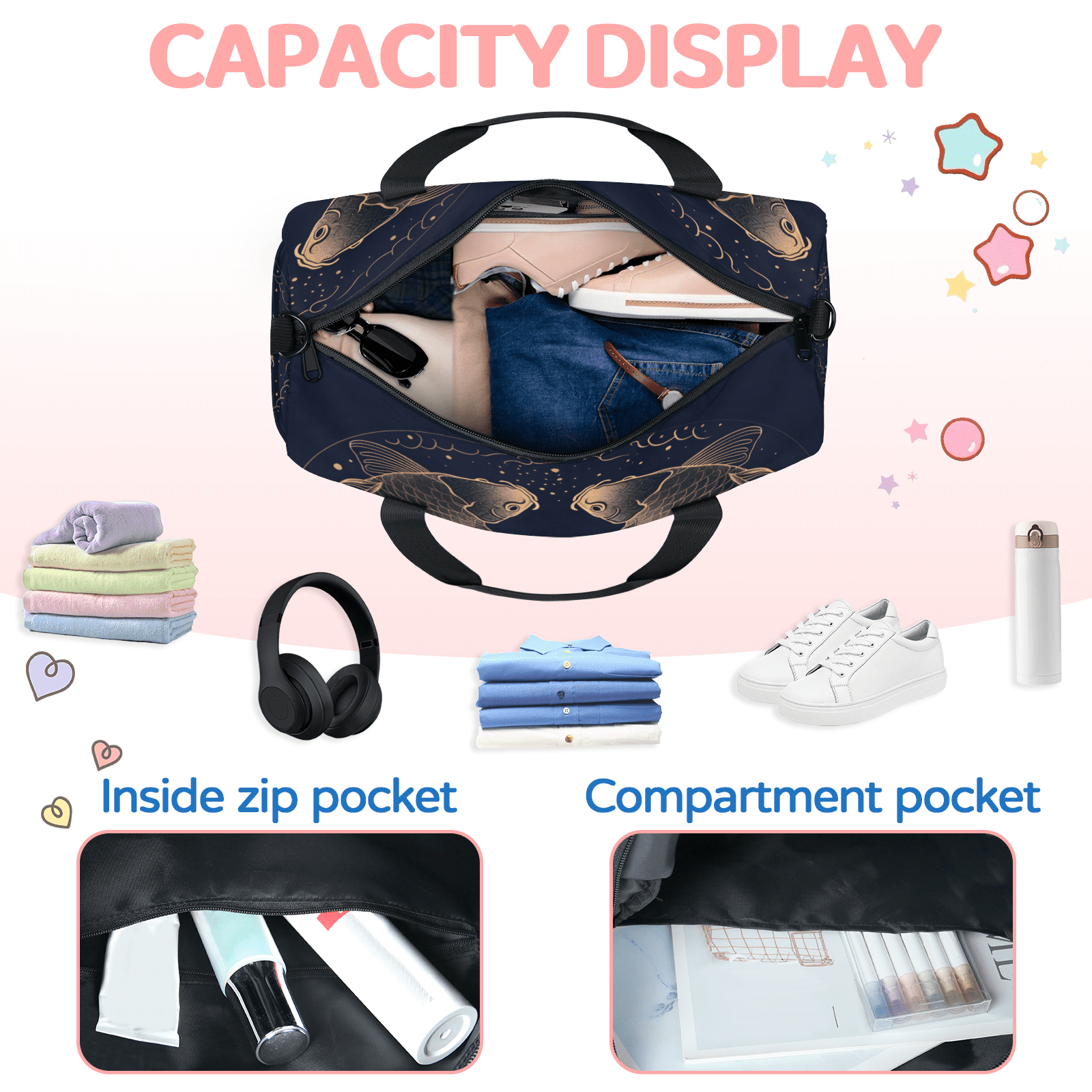 Herdesigns Zodiac Travel Duffle Bag Sports Yoga Weekender Overnight Carry on Workout Bags Lightweight Waterproof Gym Tote Bag for Women Pisces Vintage Fish