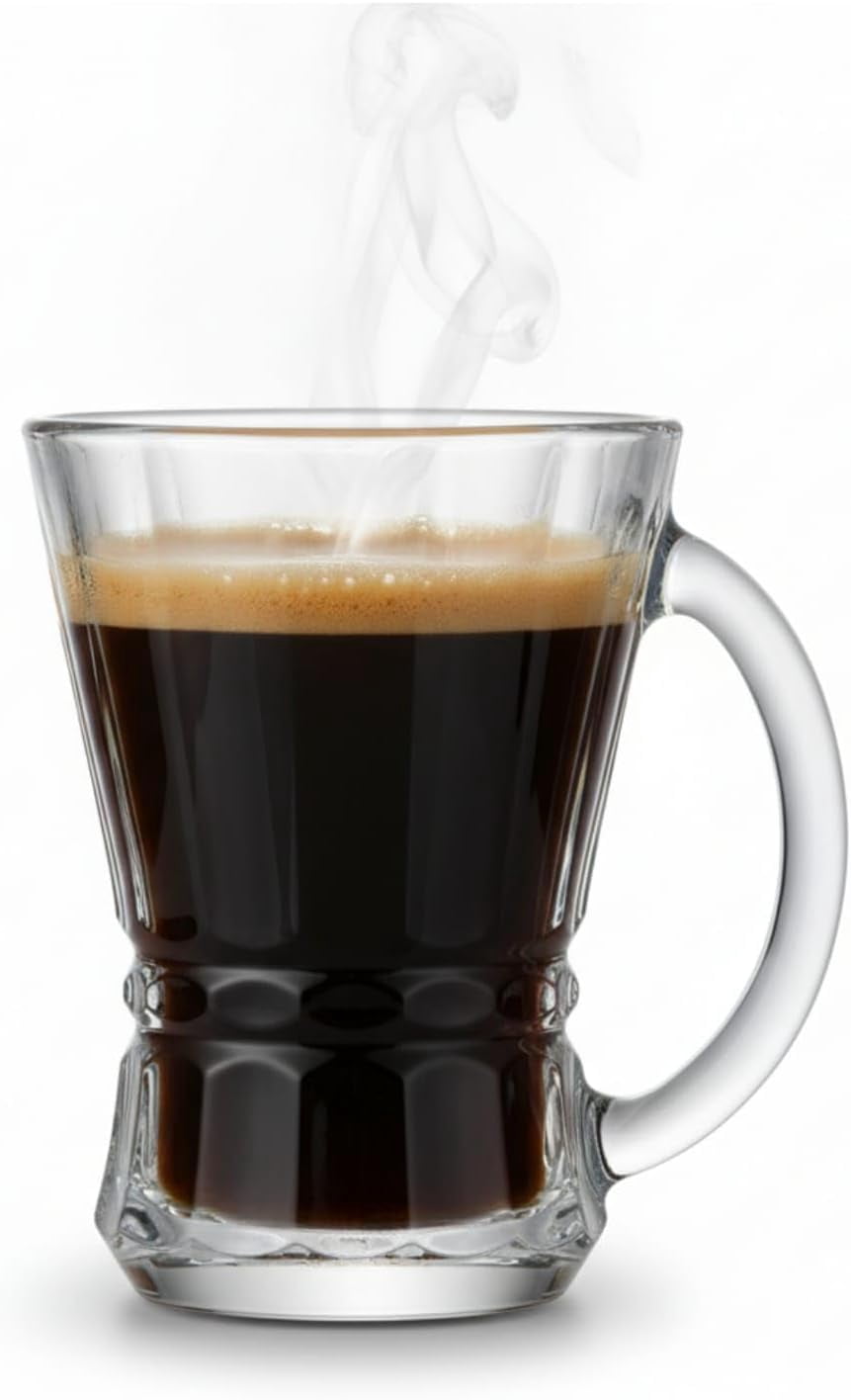 Clear Glass Coffee and Tea Cups with Handle, Set of 6, 5 oz (150 ml) Glass Mugs for Espresso, Cappuccino, Latte, Mocha, Macchiato, Hot and Cold Beverages, Turkish Tea Glasses, Dishwasher Safe