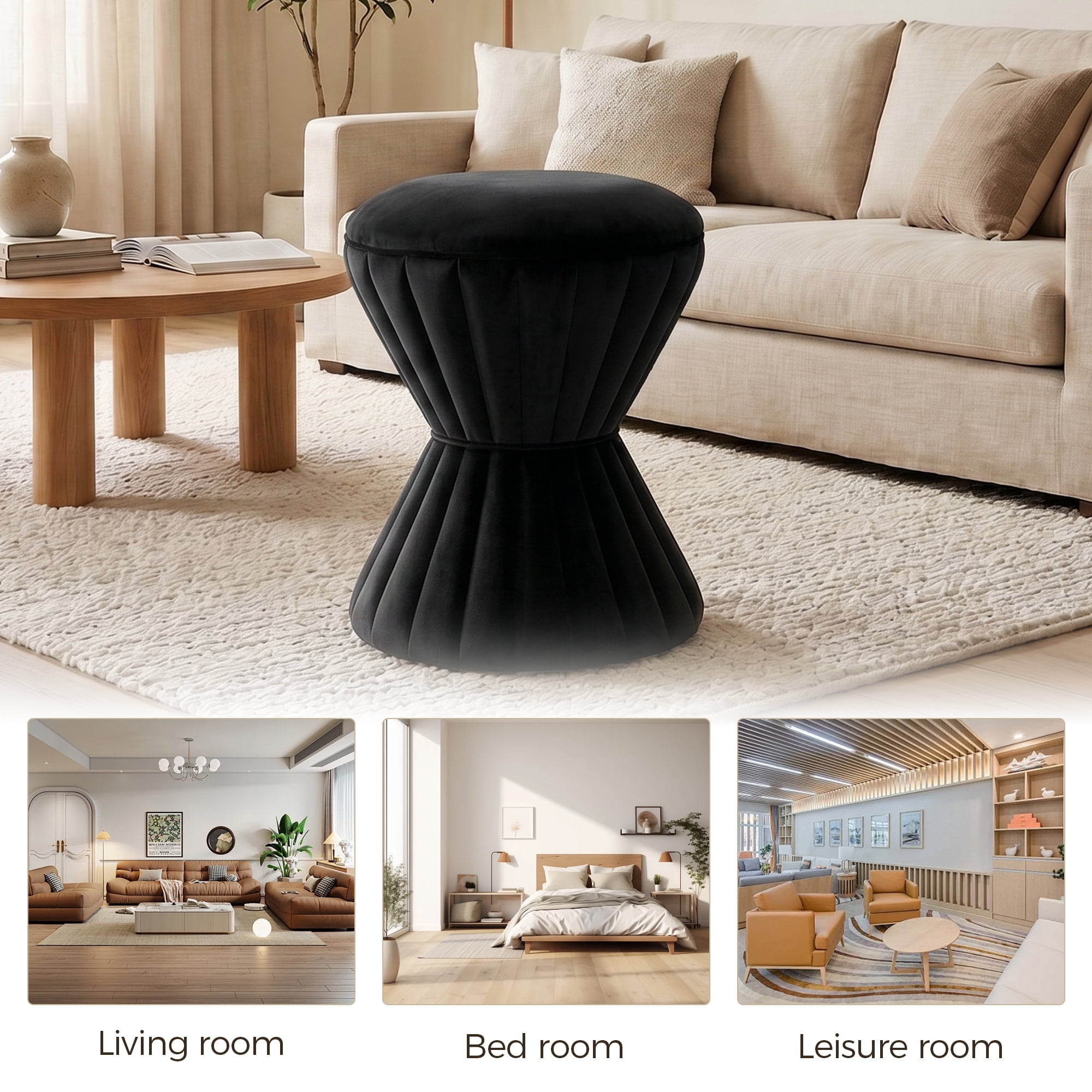Multifunction Velvet Ottoman, Upholstered Vanity Stool Chair, Sturdy Round Footstool for Makeup, Living Room, Bedroom, Entryway