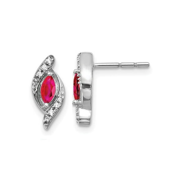1/3 Carat (Ctw) Marquise Cut Natural Ruby Post Earrings in 14K White Gold with Accent Diamonds for Women
