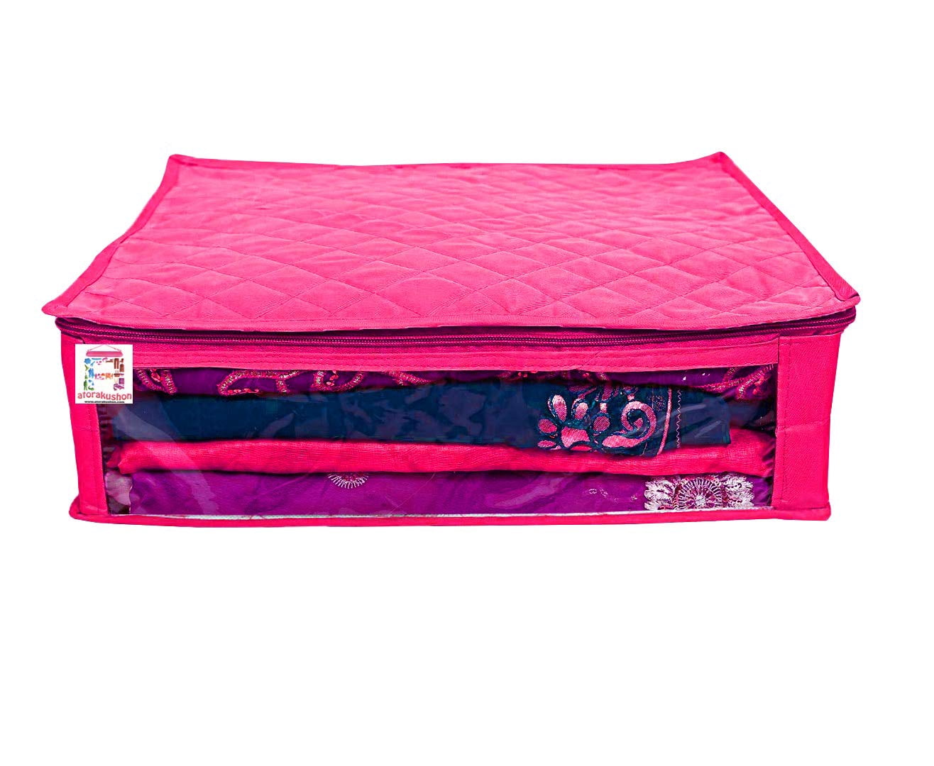 atorakushon Fabric Satin Foldable Saree Covers Cloth Garments Storage Bag Wardrobe Organizers with Strong Zippers & Transparent Window Pack of 2 Pink