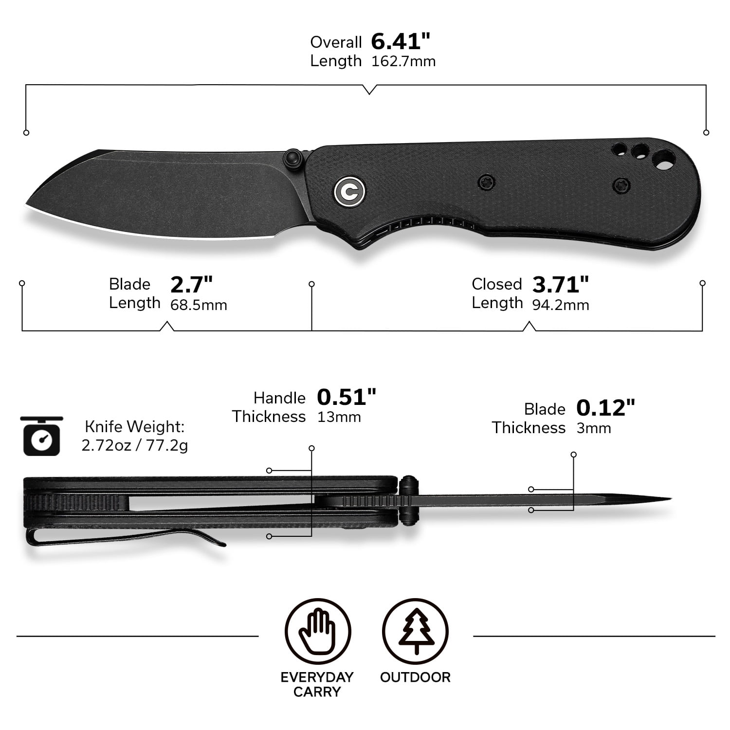 CIVIVI Crabby Pocket Knife, EDC Folding Knife for Men Women with Swedish 14C28N Blade Contoured Micarta Handle, Designed by Ken Onion Jr. C24055-3