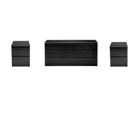 All Black Bedroom Set 3 Piece Set with 6 Drawer Double Dresser and Two 2 Drawer Nightstands in Black Woodgrain ()