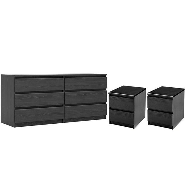 3 Piece Bedroom Set With 6 Drawer Double Dresser And Two 2 Drawer Nightstands In Black Woodgrain Walmart Com Walmart Com