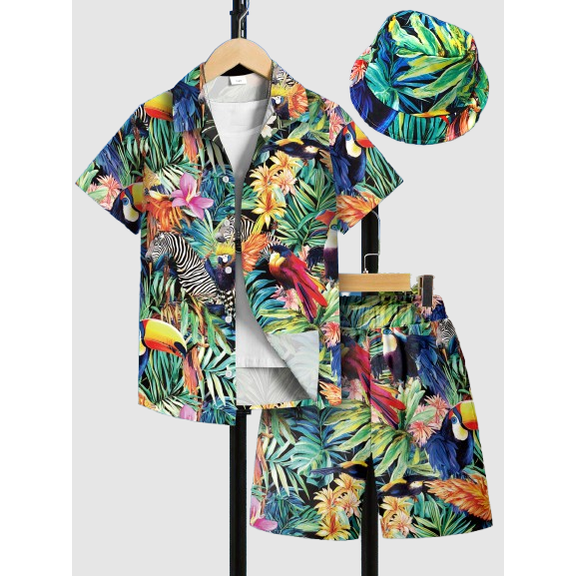 Mikrdoo Tween Boys' 3Pcs Set, Tropical Hawaiian Vacation Style Floral Animal Print Shirt, Elastic Waist Shorts Hat Clothes For Outdoor Activities 11-12