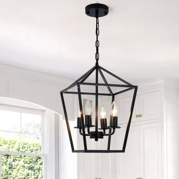 KPIBEST 4 Light Black Lantern Industrial Style Pendant Light, Metal Cage Geometric Pendant Light for Kitchen Island Entryway Dining Room Staircase