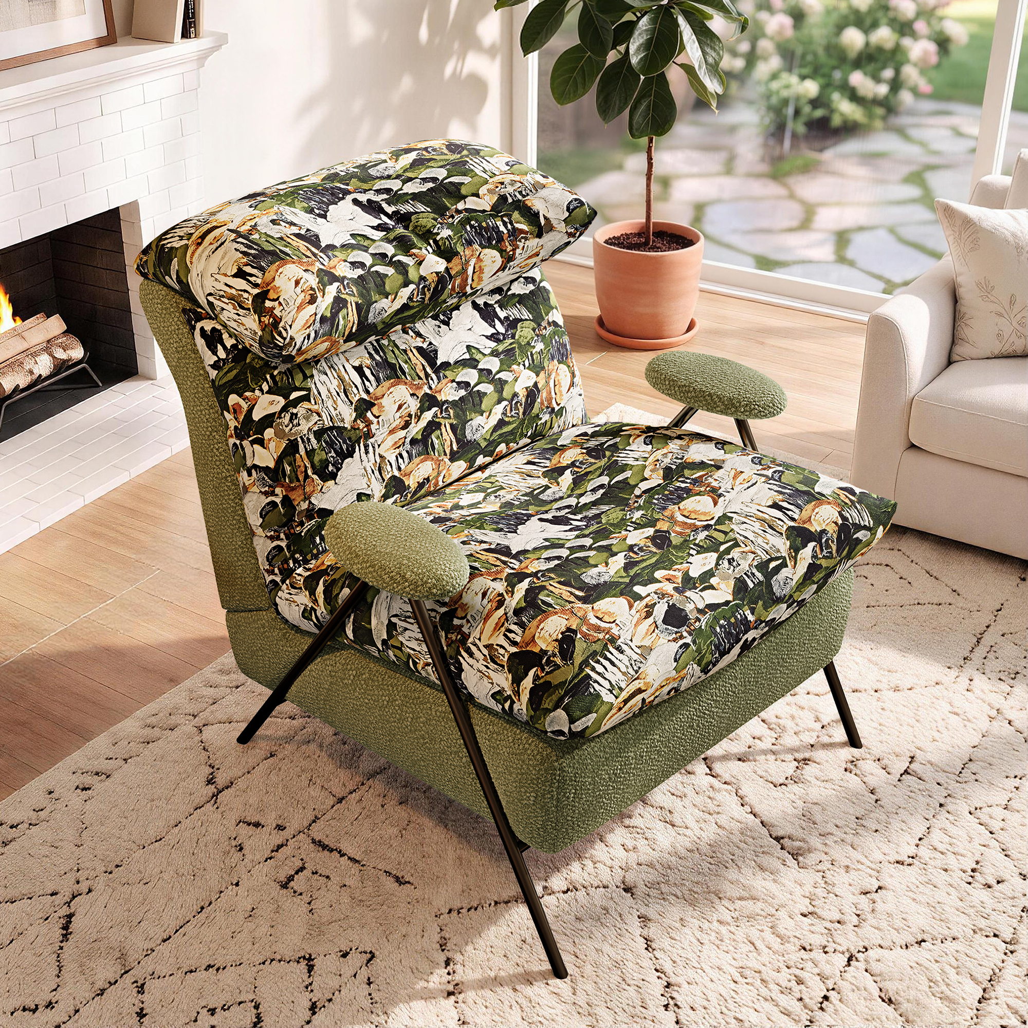 Aukfa Olive Green Floral Accent Chair, Modern Upholstered Armchair with Thick Padded Seat and Back for Living Room & Bedroom