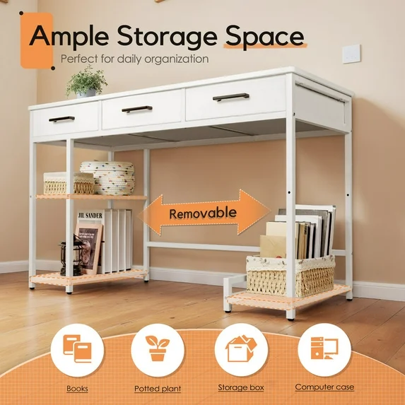 Furmax 47” Home Office Computer Desk  Writing Table with 3 Fabric Drawers and Storage Shelves & Hooks for Small Spaces, Home Office , Student Study, White