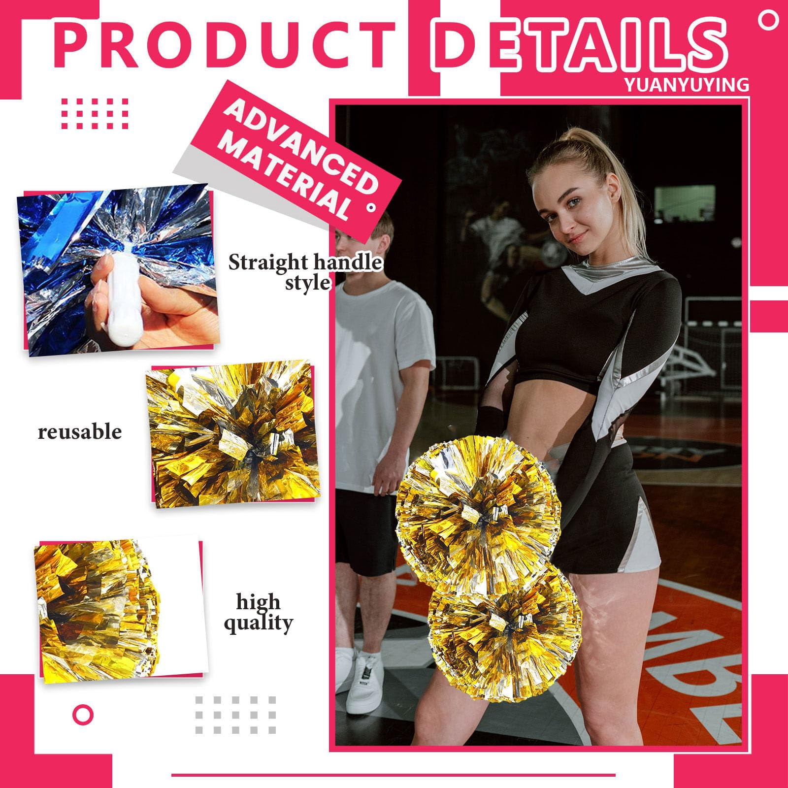 Cheerleading Pom Poms 22 Pcs with Straight Handle, Handheld Squad Pompoms for Sports Team Cheer Spirit Games, Dance Party Adults