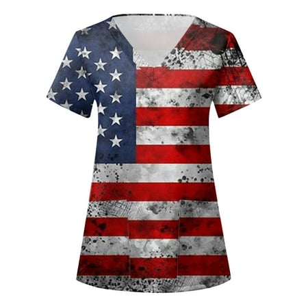 

4th Of July American Flag Tops Women s Scrubs Top Print Daily Summer Shirts O Neck Tank Print Blouse Short Sleeve Loose Caring Workwear Blouse With Pocket Nursing Uniforms For Women