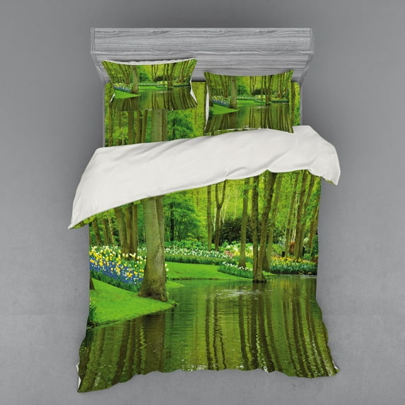 Ambesonne Nature Bedding Set 4 Pcs, Forest with Lake Botany, Queen, Fern and Lime Green