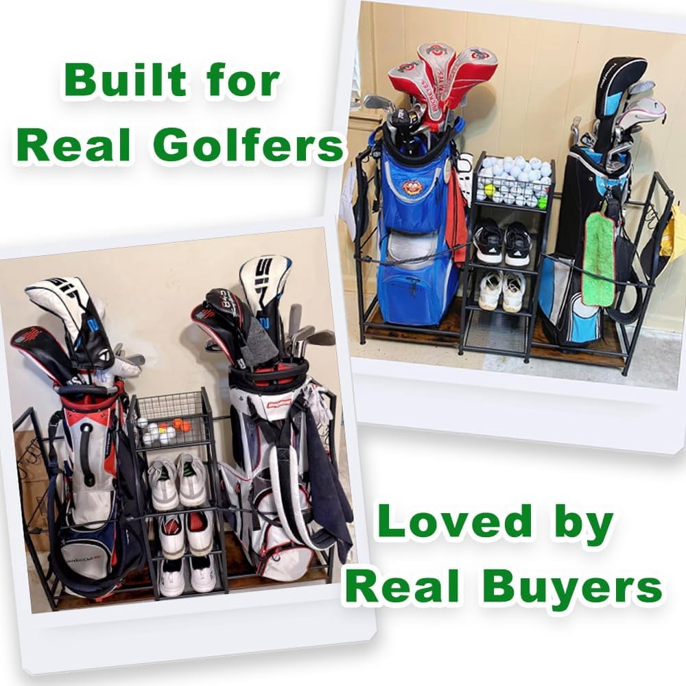 X-COSRACK Golf Bag Storage Organizer for Garage, Fits 2 Bags, Heavy-Duty Metal & Wood Equipment Stand with 3-Tier Shelves, Black