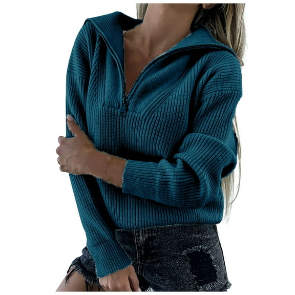 QIPOPIQ Womens Sweaters Clearance Drop Shoulder Sweater New Long-sleeved V-neck Pure Color Zipper Split Joint Sweater Blouse Knitwear Blue Free Size(L)