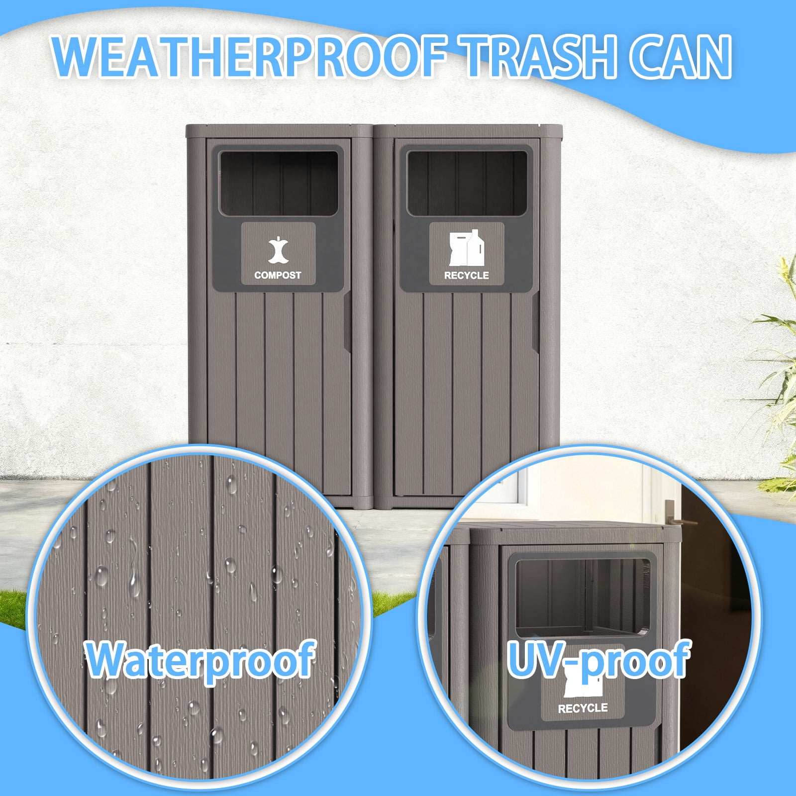 MAYEERTY 2x80L Outdoor Dual-Bucket Sorting Waste Bin (Compost & Recycle), Weather-Resistant Trash Can for Patio Yard Garden