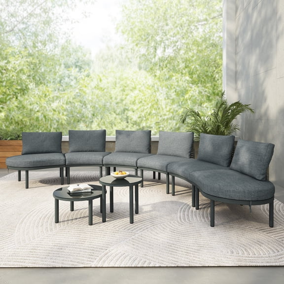 8-Piece Patio Sofa Furniture Set, Half Moon Outdoor Sectional Sofa with 2 High-Low Coffee Tables, PE Wicker Rattan, Tempered Glass, 6 Pillows & Cushions, for Backyard, Garden, Poolside,Gray 31082