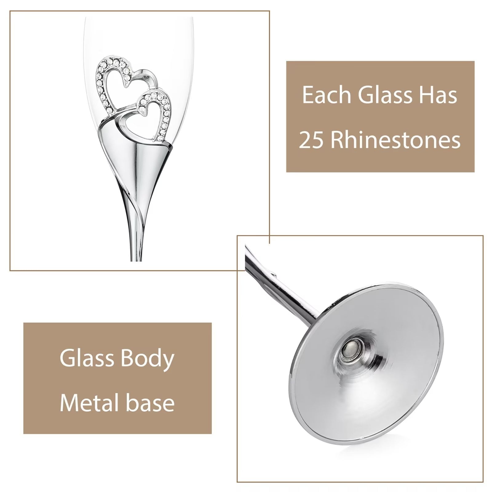 Glasseam Wedding Champagne Flutes Set of 2 Silver Toasting Glasses for Bride and Groom