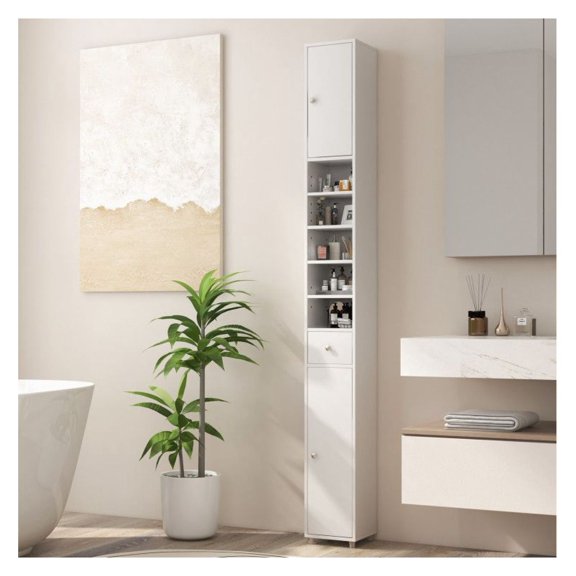 Slim Bathroom Cabinet with Drawer & Shelves, 71'' Tall Storage Organizer, Freestanding Narrow Linen Tower for Small Spaces, Adjustable Shelves, Anti-Toppling Device, Black/White/Gray/Brown