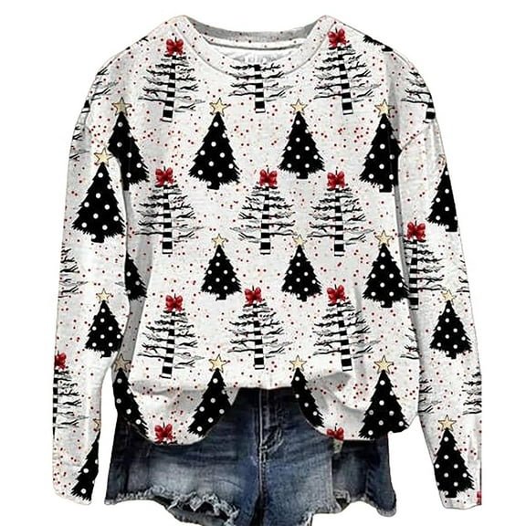 Womens Xmas Sweatshirts Santa Claus Print Blouses Tops Round Neck Pullover Sweater Blouses Thermal Long Sleeve Blouse Top