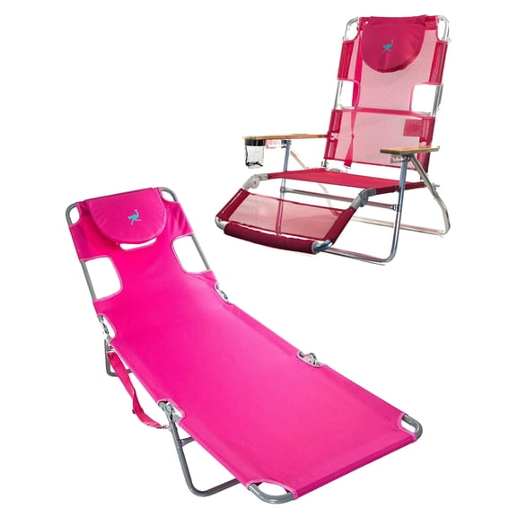 Ostrich 3N1 Altitude 16'' Recline Beach Chair w/Chaise Beach Lounger, Pink