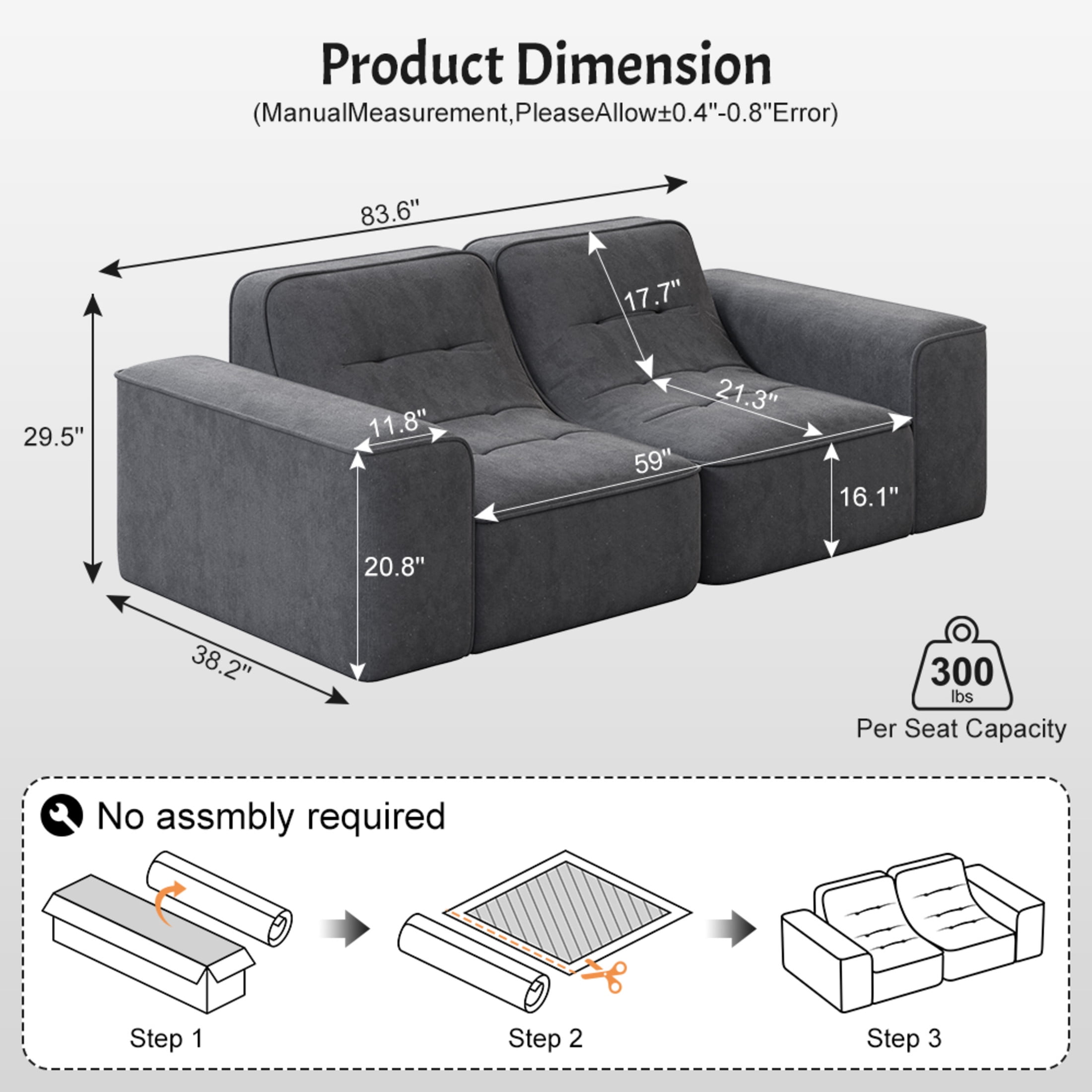 Noble House 84" Modular Sectional 3-Seater Sofa, Tufted Sparkling Chenille Deep Seat Couch, Living Room, Gray