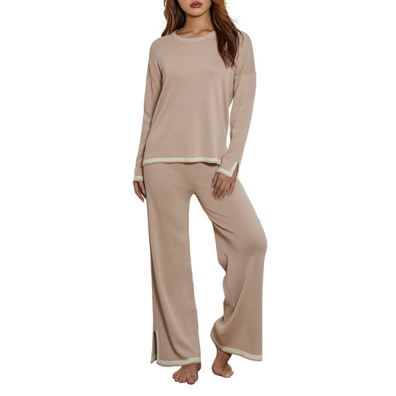 Lamuusaa Women's Knit Clothes 2Pcs Outfits Long Sleeve Round Neck Tops Wide Pants Set Streetwear