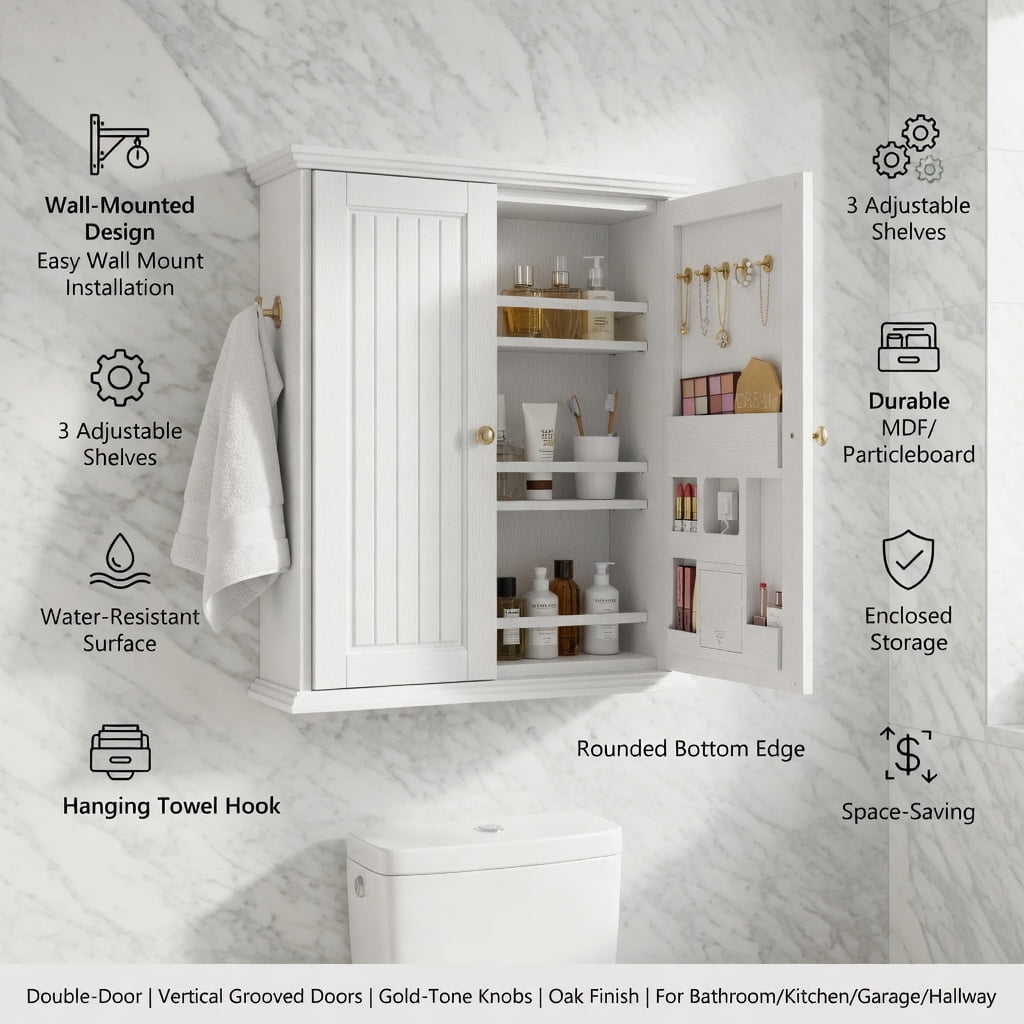Hommoo Modern LED Bathroom Medicine Cabinet with Anti-Fog Mirror & Soft White Lighting, Wall-Mounted Aluminum-Plastic Two-Door Vanity Storage, White