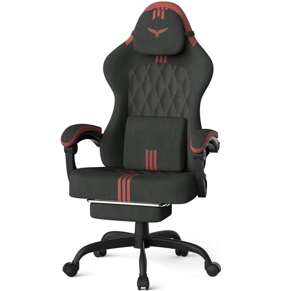 Wasait Velvet Fabric Gaming Chair With Footrest, Ergonomic Comfortable Gamer Chair For Adult, Office Computer Desk Game Chairs With Massage Lumbar Cushion and Headrest, Black&Red