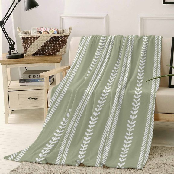 Throw Blanket Fleece Throw Blanket 50x60in, White Leaf Stripe Sage Green Soft Lightweight Bed Blankets Country Style Fuzzy Couch Blankets for All Season