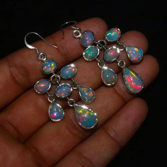Unique Ethiopian fire Opal Cabochon Earrings with 925 sterling silver - Opal Cabochon Earrings - White Opal earrings - smooth Opal Jewelry