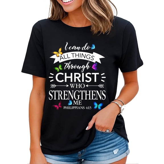 Women's Retro Christian T-Shirt Inspirational Bible Verse Philippians 4:13 Butterfly Print Short Sleeve Casual Religious Graphic Tee
