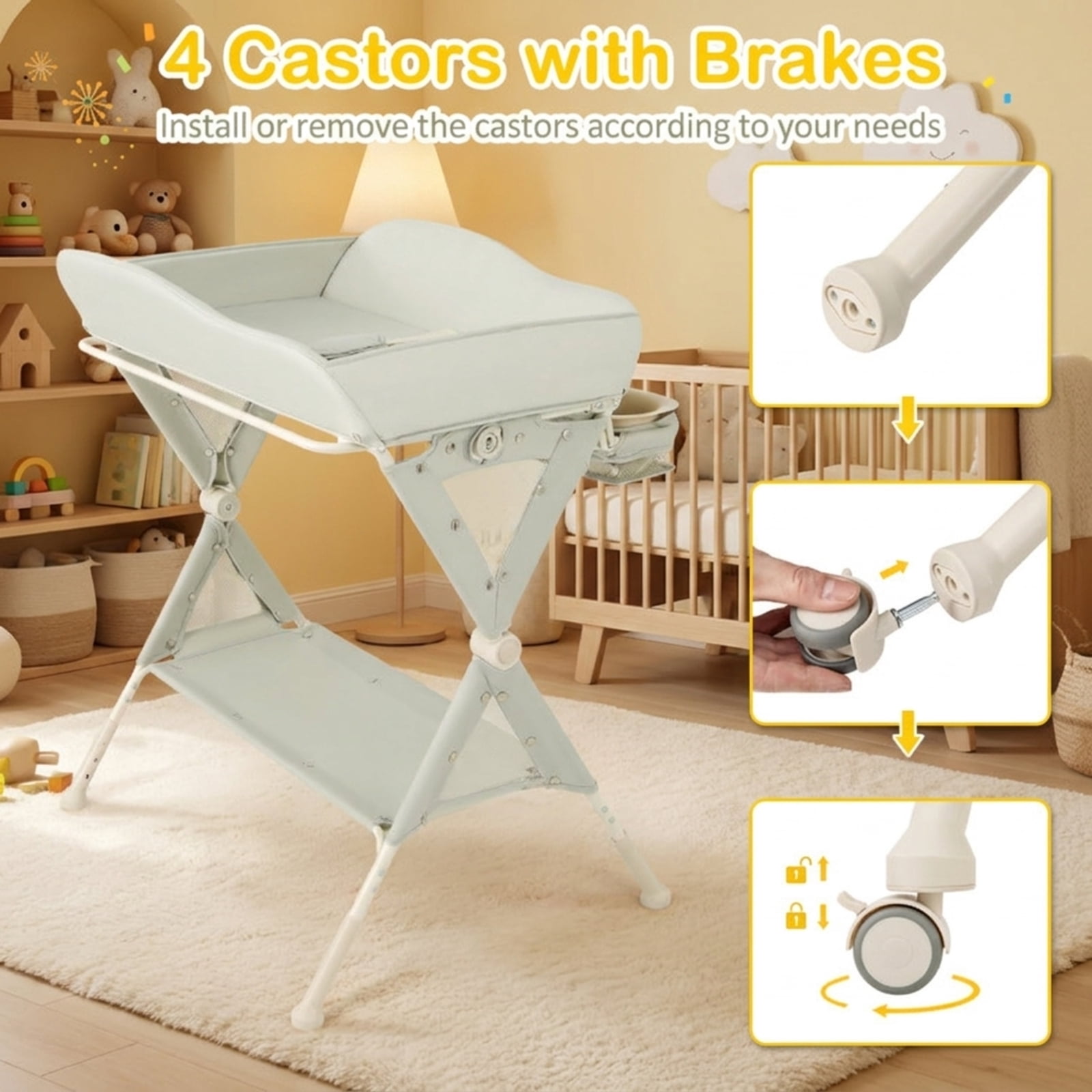 Furnibear Portable Changing Table with Water Basin 3 Adjustable Heights Foldable Metal Frame 4 Lockable Casters and Multi Tier Storage, Green