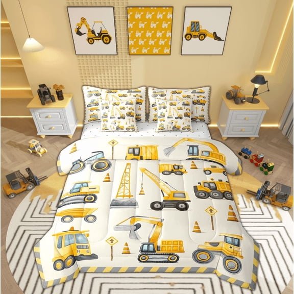 Manfei Yellow Tractor Bed in a Bag Twin size, Cartoon Vehicle Bed Set, Construction Truck Reversible Bedding Twin Size, Ultra Soft Bedroom Decor, 7pcs