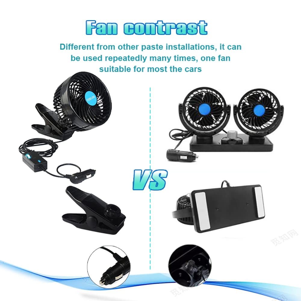 Yerloa 6‘’ 12V Car Fan Auto Cooling Fan Vehicle Clip Fans, Low Noise 360 Degree Rotating Step-less Speed Car Fans with Adjustable Clip & Cigarette Lighter Plug for Vehicle Truck RV SUV Boat-2026 NEW