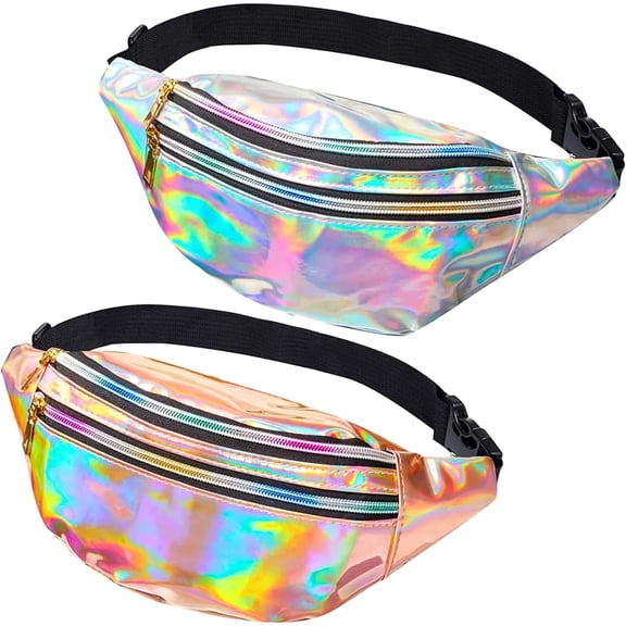 2 Pieces Holographic Fanny Pack,Hologram PU Waist Pack Waterproof Shiny Waist Bag,Laser Waist Bum Bag Adjustable Belt,Metallic Color Sport Waistbag,Fashion Rave Waist Bag(Shiny Silver Rose Gold)