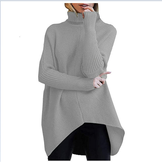Womens Turtleneck Long Batwing Sleeve Asymmetric Hem Casual Pullover Sweater Knit Tops