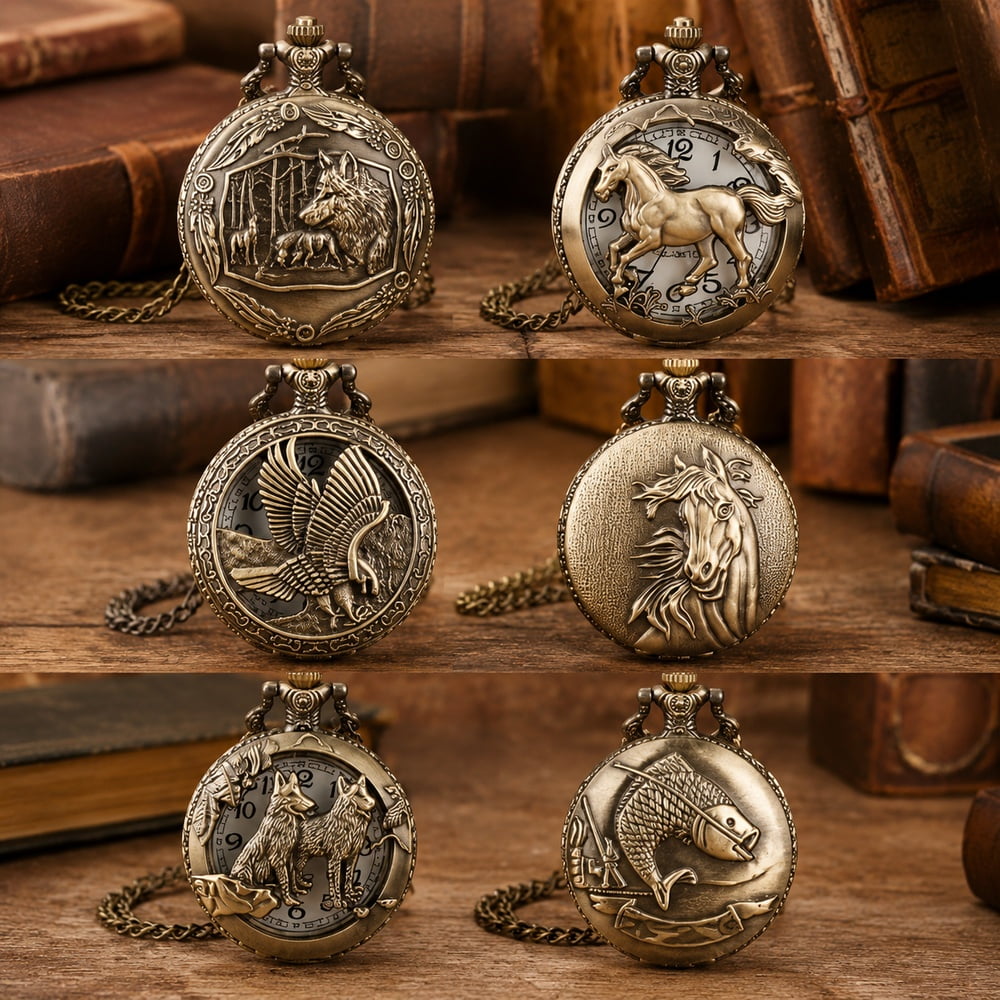 6 Pcs Classical Vintage Pocket Watches Set, Embossed Horse Wolf Eagle Pocket Watch Collection, Silver Decorative Quartz Timepieces for Collectors, Father's Day, Birthday, Gift Giving
